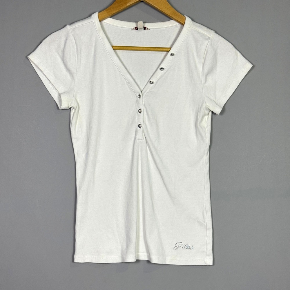 Guess Ribbed Henley Womens Size Large Rhinestone Logo White Y2K Coquette